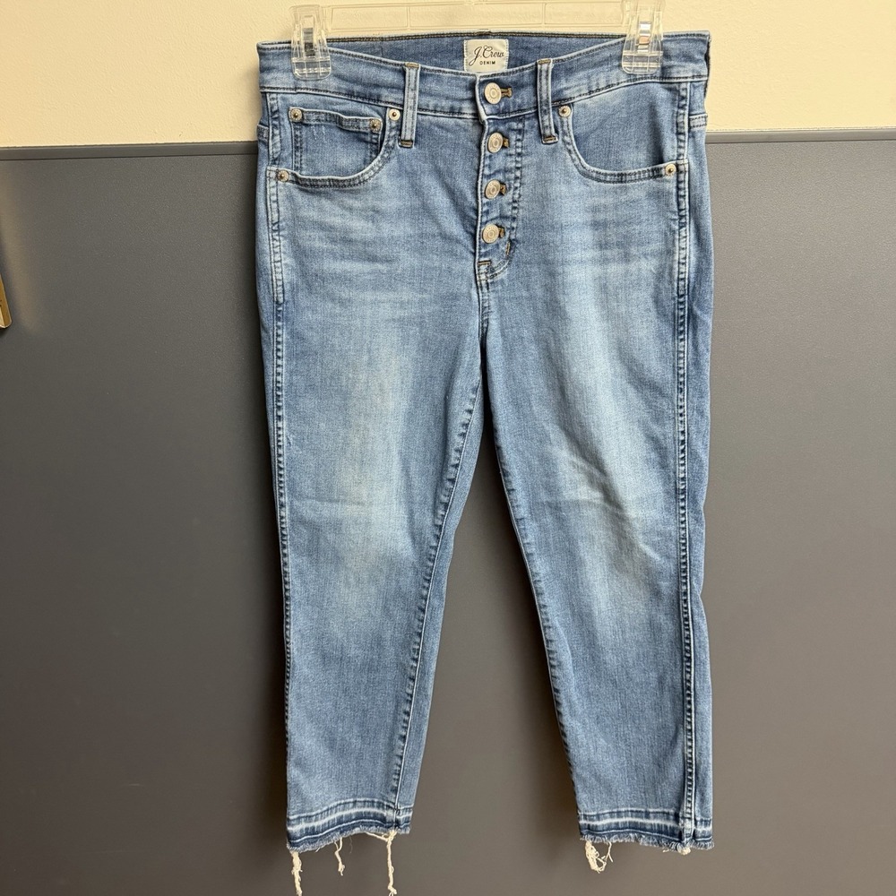 J.Crew Vintage Straight Stretch Jean Button Fly Raw Hem Size 27 Petite 24" Insea